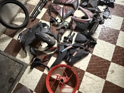 Rs457 Aprilia fairing ,instrument cluster and tvs euro grip front tyre rs457